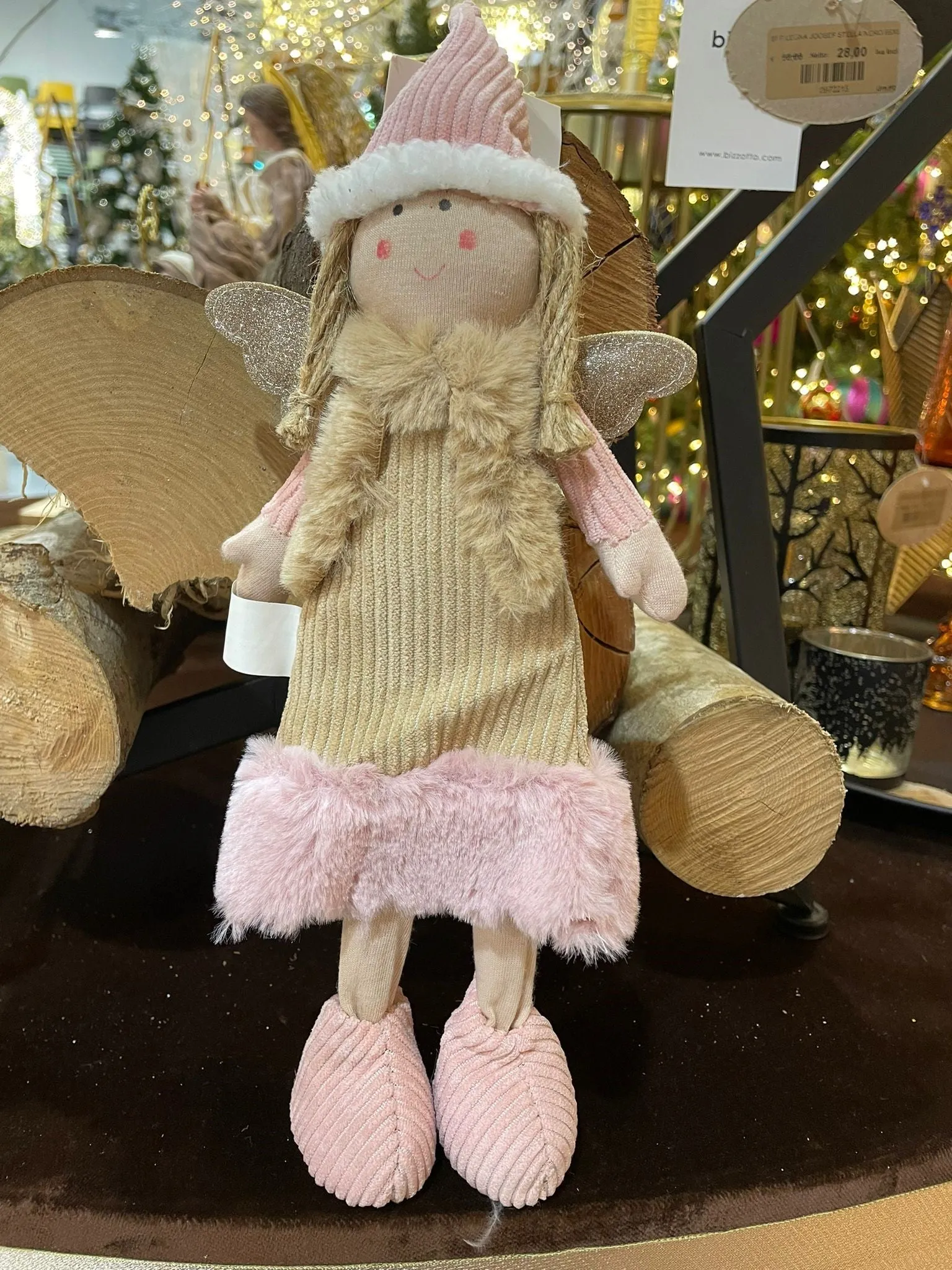 ARPIMEX Christmas Angel with Pink Hat in Fabric H 35 cm Beige