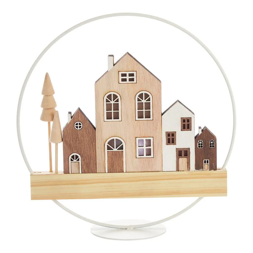 ARPIMEX Christmas Circle with Wooden Houses D 22 cm with White Lights