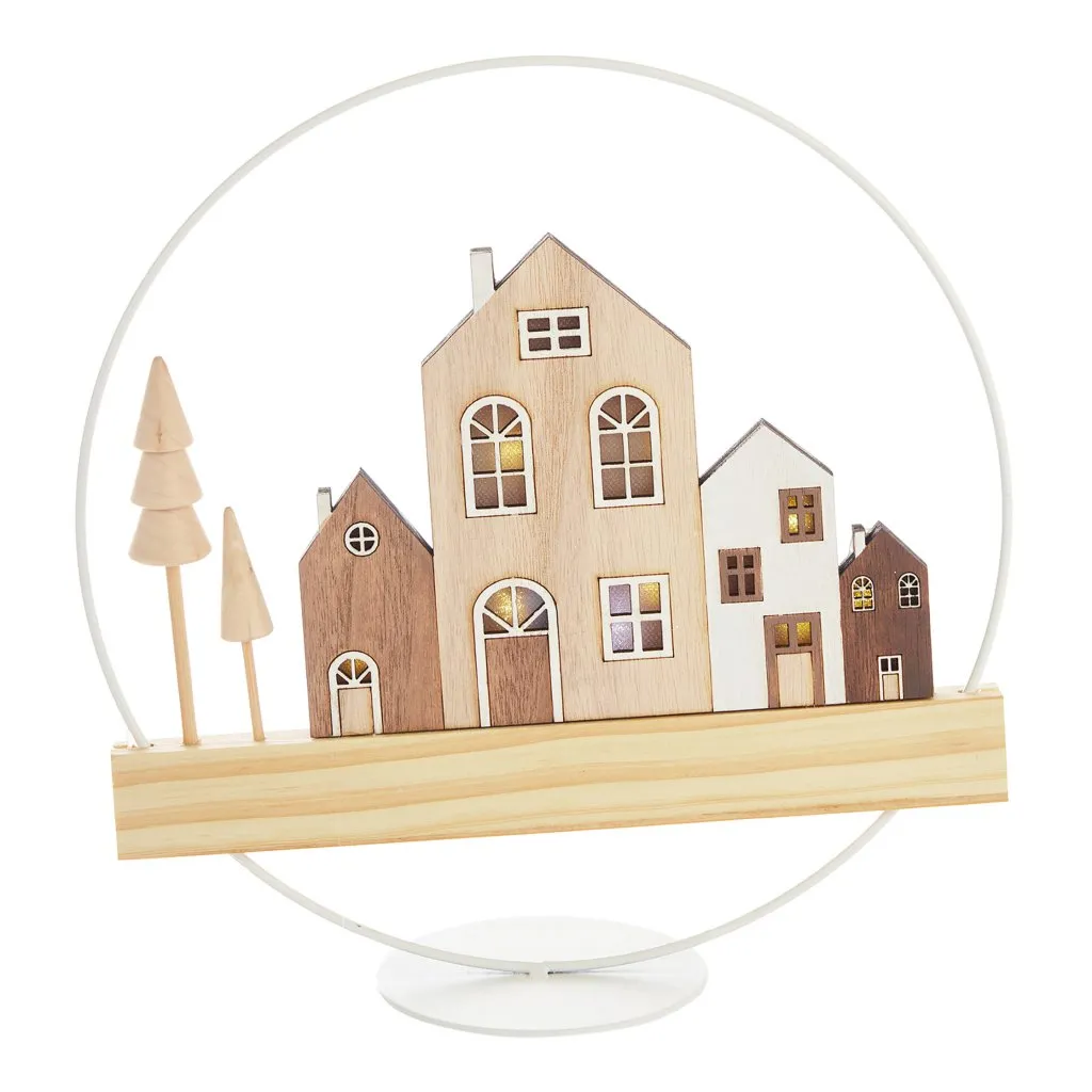 ARPIMEX Christmas Circle with Wooden Houses D 25 cm with White Lights
