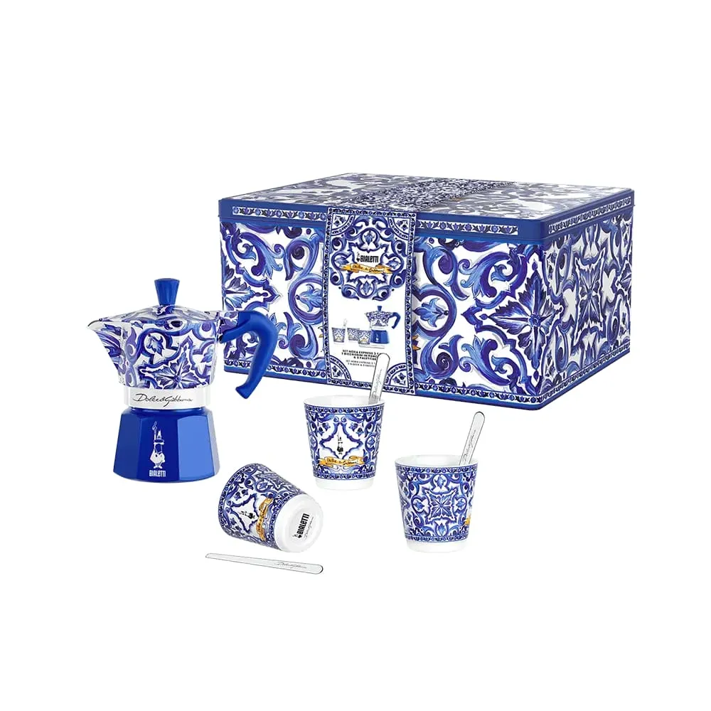 Bialetti Dolce e Gabbana Set Moka Express Blue Mediterraneo 3 Cups wit
