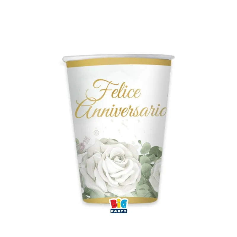 Big Party Paper Cups Happy Anniversary Eucalyptus 250 Cc White Green