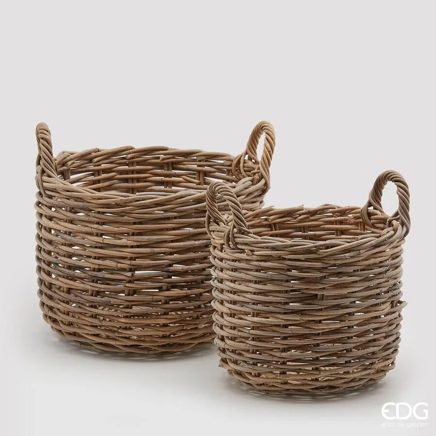 EDG Enzo De Gasperi Set of 2 Round Rattan Christmas Baskets with Handl
