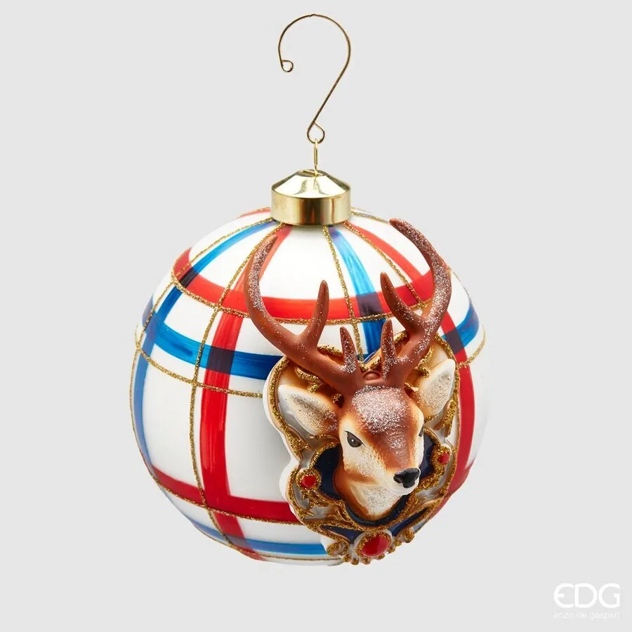 EDG Enzo De Gasperi Tartan Glass Christmas Ball with Reindeer D 12 Cm