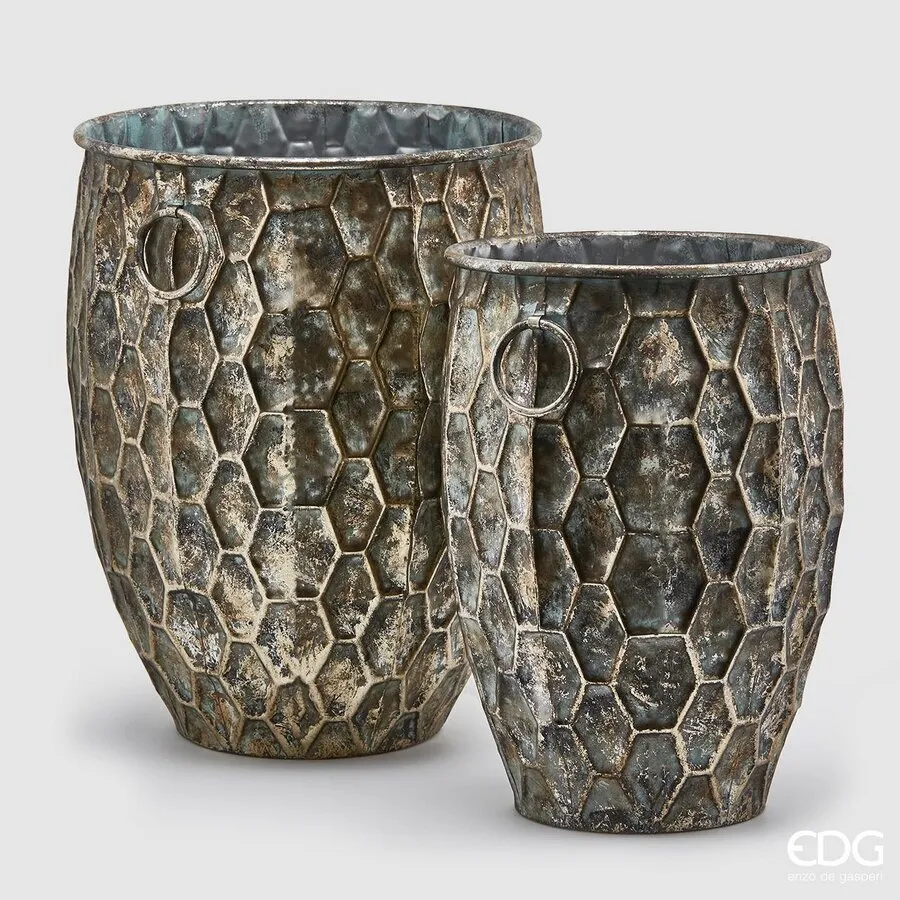 EDG Enzo De Gasperi Set of 2 Hexagonal Metal Vases H 44 cm H 50 cm Dar