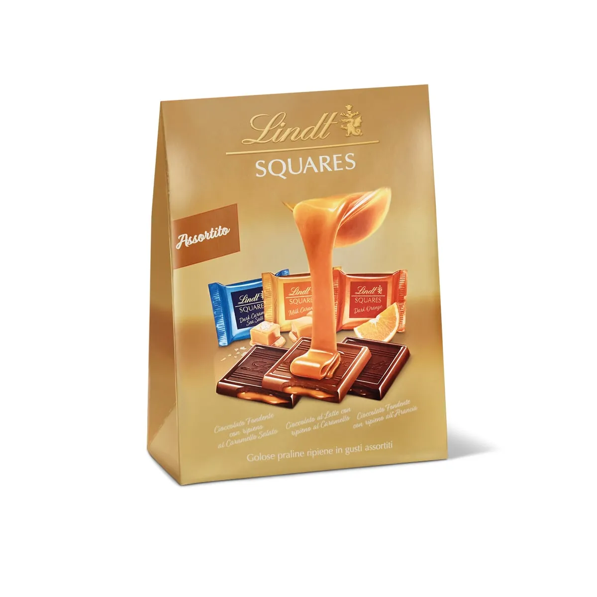 Lindt Bag Squares Assorted 220 Gr Salted Caramel, Orange, Dark Single