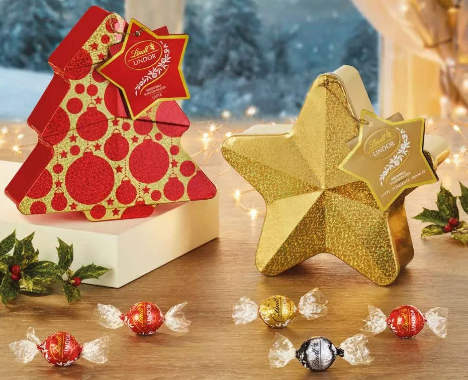 Lindt Star or Christmas Tree Tin Box Milk, Dark and White Chocolate 15