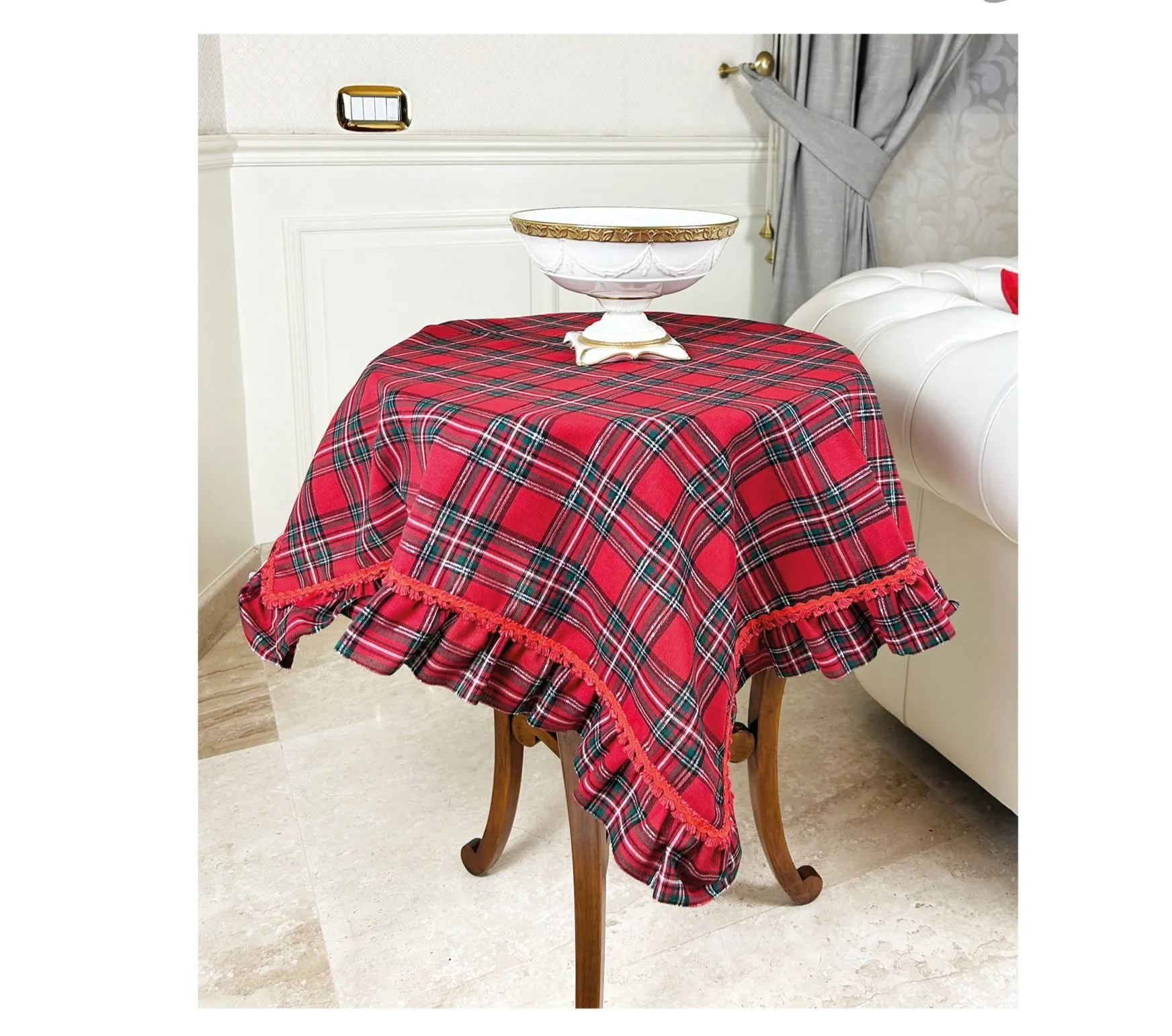 Preziosa Home Christmas Centerpiece in Tartan with Frill and Lace 90 x