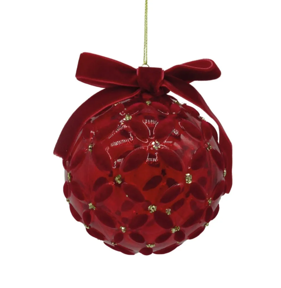 Preziosa Luxury Home Glass Christmas Ball with Flowers and Velvet Bow