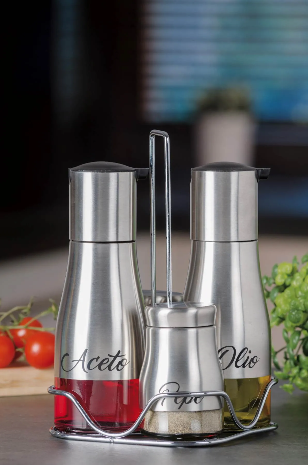 Italian Gift Glass and Steel Menage for Oil, Vinegar, Salt and Pepper