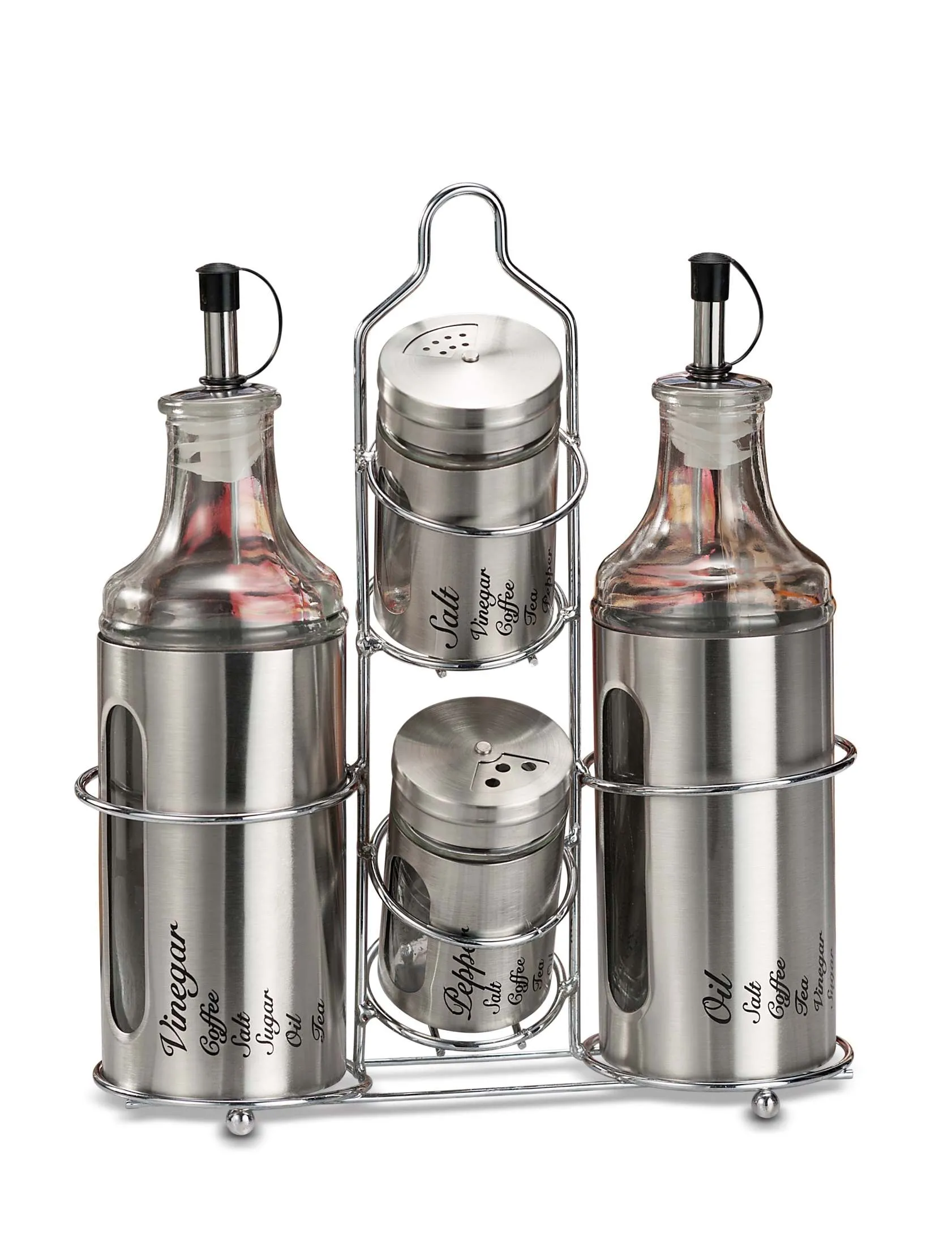 Italian Gift Set: Glass and Steel Oil, Vinegar, Salt, and Pepper Shake