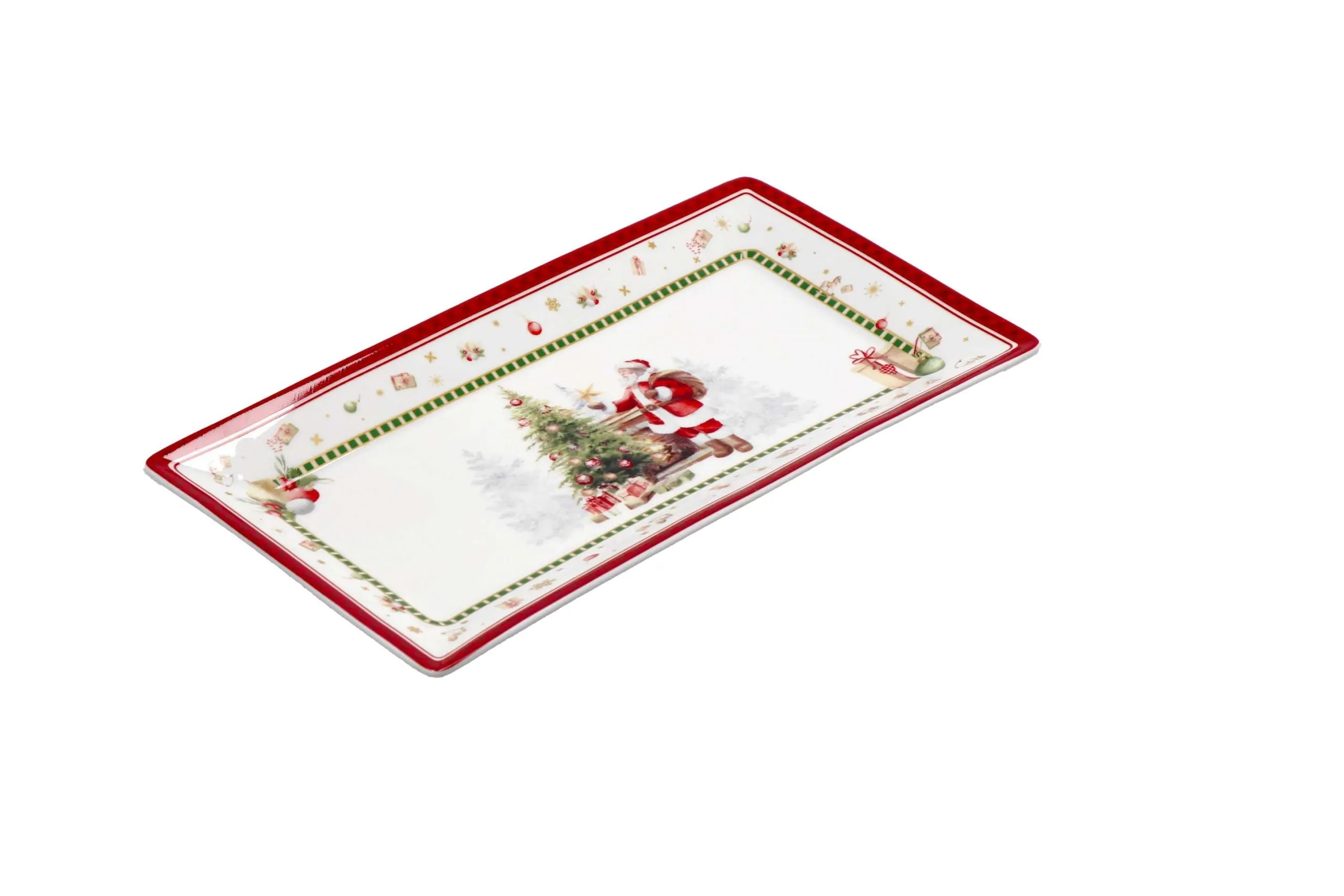 Italian Gift Rectangular Christmas Plate Porcelain 26 x 14 Cm Red Whit