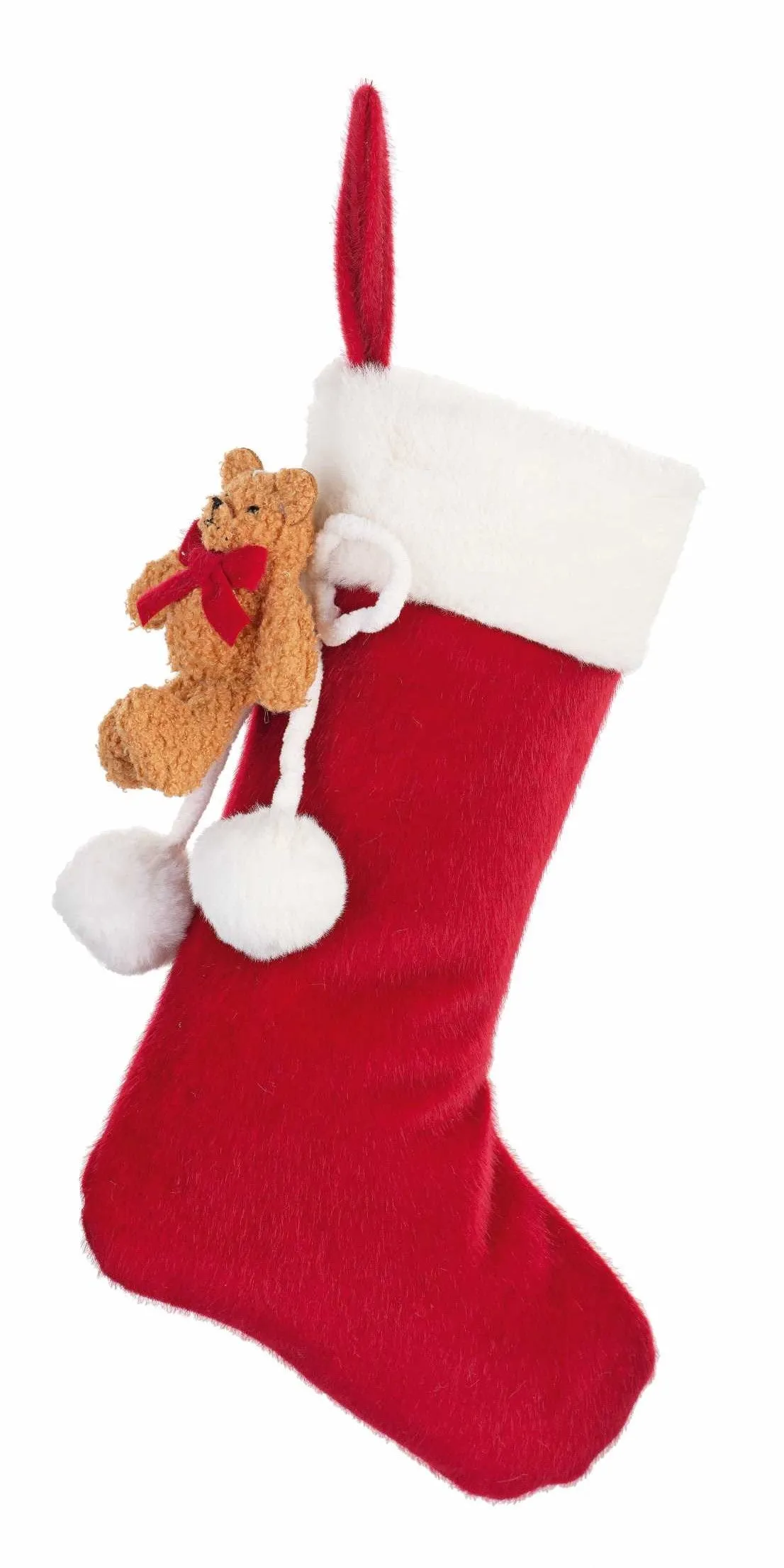 Tone On Tone Christmas Stocking With Teddy Bear 400mm Fur Red White