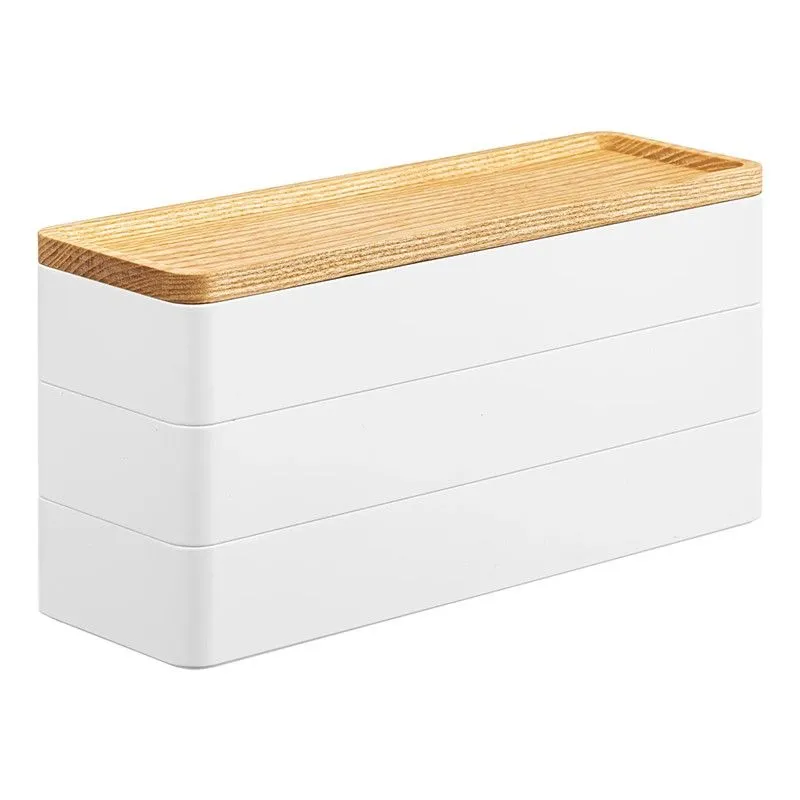 Boîte à bijoux à 3 niveaux en ABS et bois blanc et naturel, 24 x 8,5 x 12,5 cm | Rin