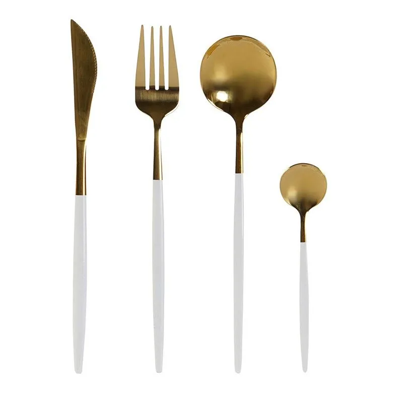 Coffret de 24 couverts en acier doré et blanc, 32 x 26 x 32 cm | élégant