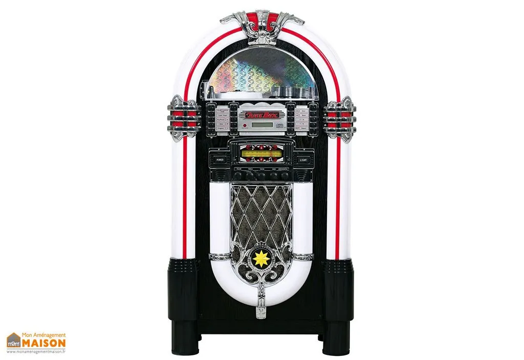 Jukebox vintage CD, Bluetooth et USB 2x 20 W stéréo – 57 x 30 x 105 cm