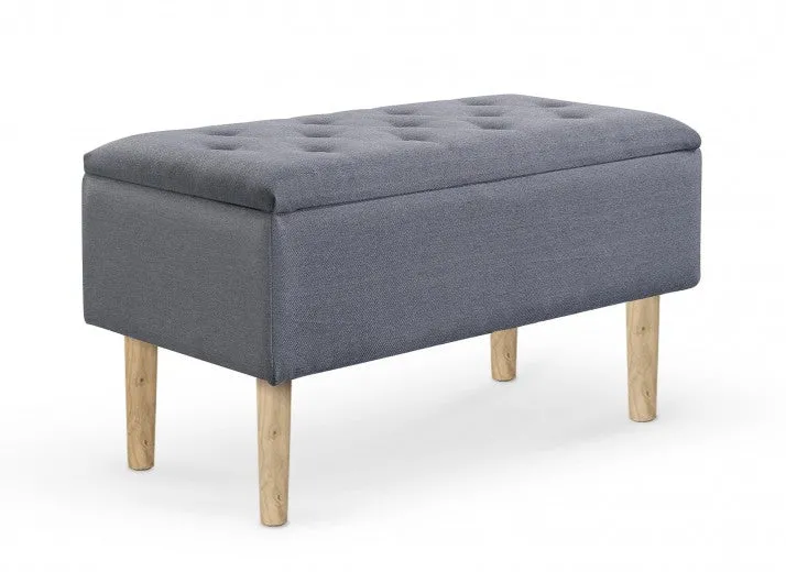 Banc avec espace de rangement, tapissé de tissu et pieds en bois Cleo Gris / Naturel, l80xA40xH44 cm