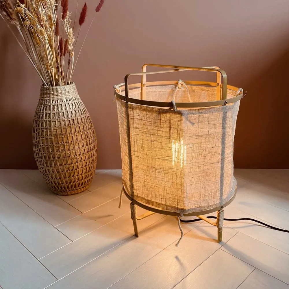 Lampe à poser Goa Bambou et tissu lin écru