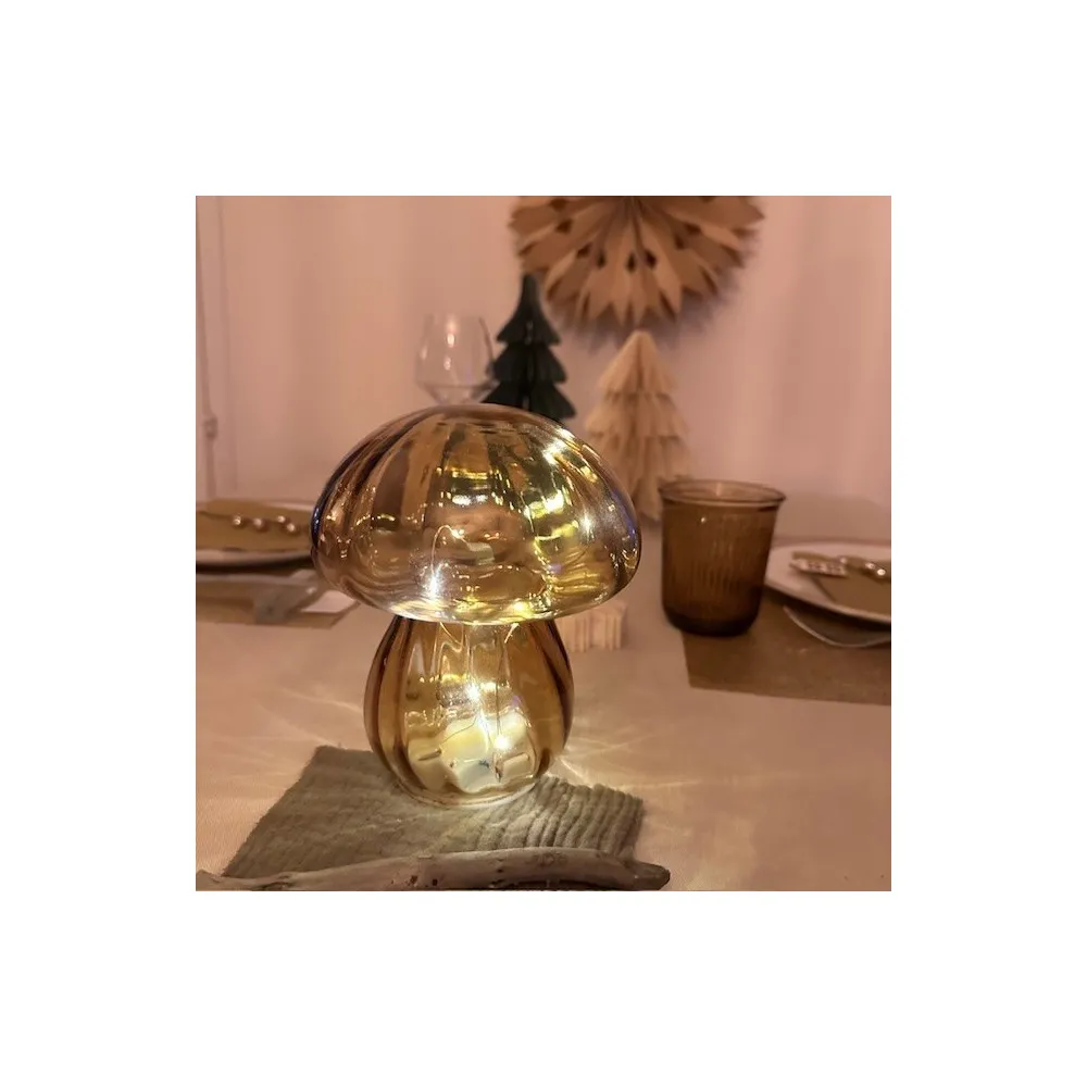 Lampe décorative champi verre strié ambré LED à piles