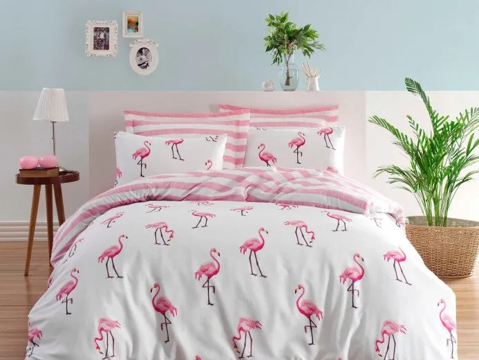 Linge de lit Blanc / Rose Flamingo, 200 x 220 cm
