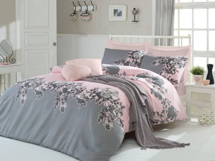 Linge de lit Rodez Gris / Rose, 200 x 220 cm