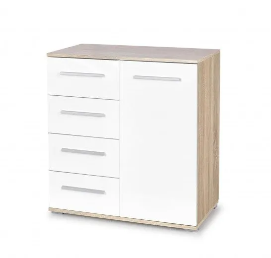 Commode en bois avec 4 tiroirs et 1 porte Lima KM-2 Blanc / Chêne Sonoma, l77xA40xH82 cm