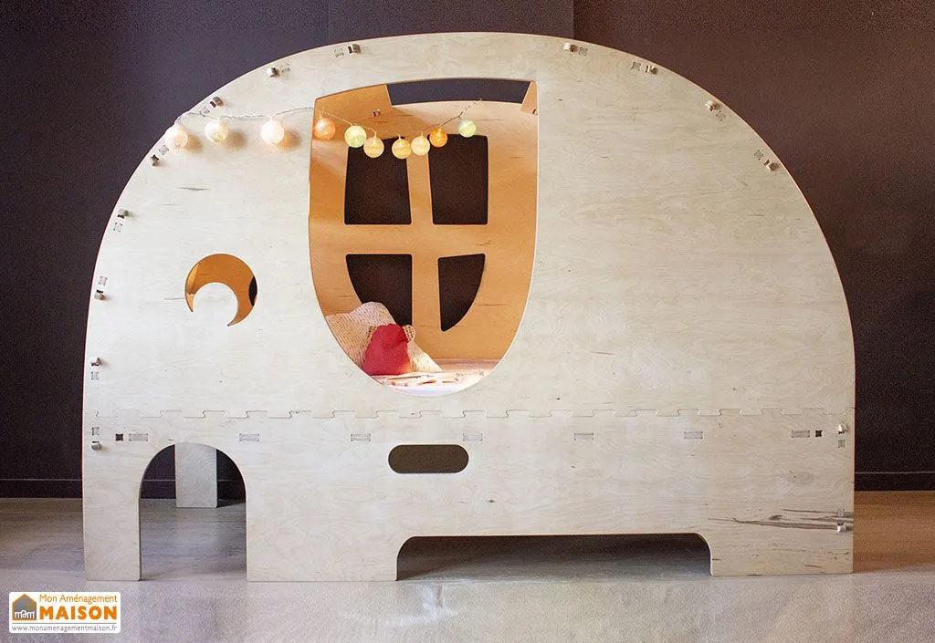 Lit cabane en bois + sommier 90 x 200 cm – Éléphant