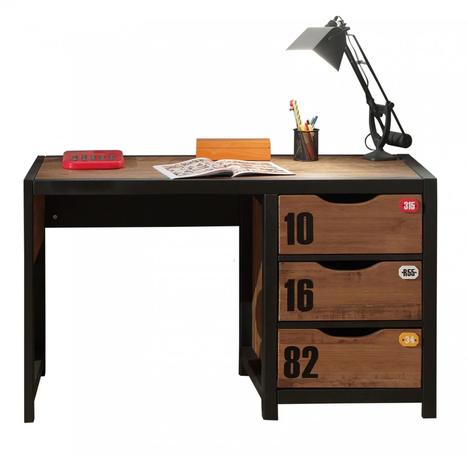 Table de bureau en bois en pin et MDF avec 3 tiroirs, pour enfants naturels / noirs, L130xl60xh75 cm