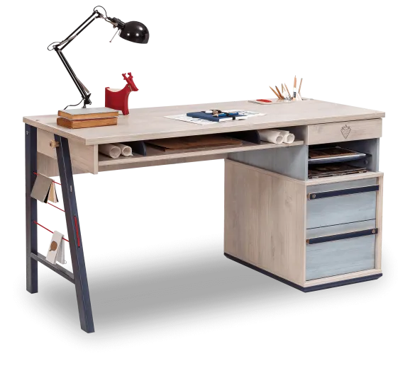 Table de bureau pâle et métal pour jeune, garçon 12-24 ans, Trio Natur / Bleu, l141xA64xH76 cm