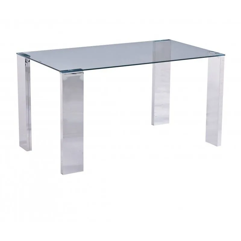 Table à Manger Carrée Betsy en Verre Trempé et Acier Inoxydable Transparent/Argent, 160x90x74 cm