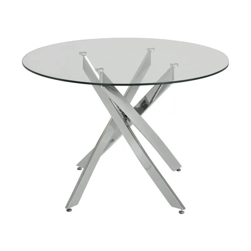 Table à Manger Ronde Chantal en Verre Trempé et Métal Transparent/Argent, Ø100x75 cm