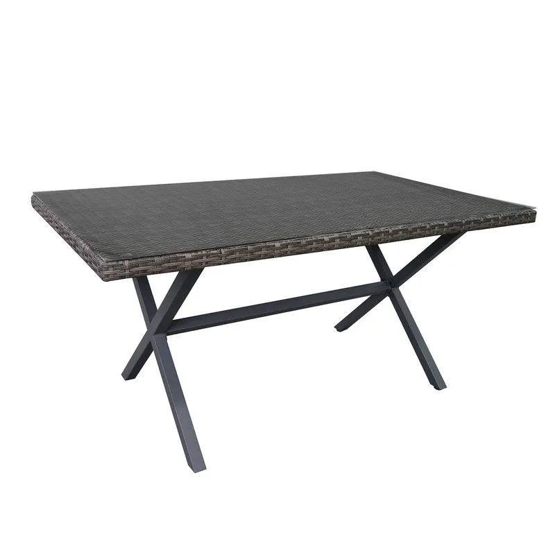 Table de jardin en acier et rotin synthétique 160x90x73 cm gris avec verre