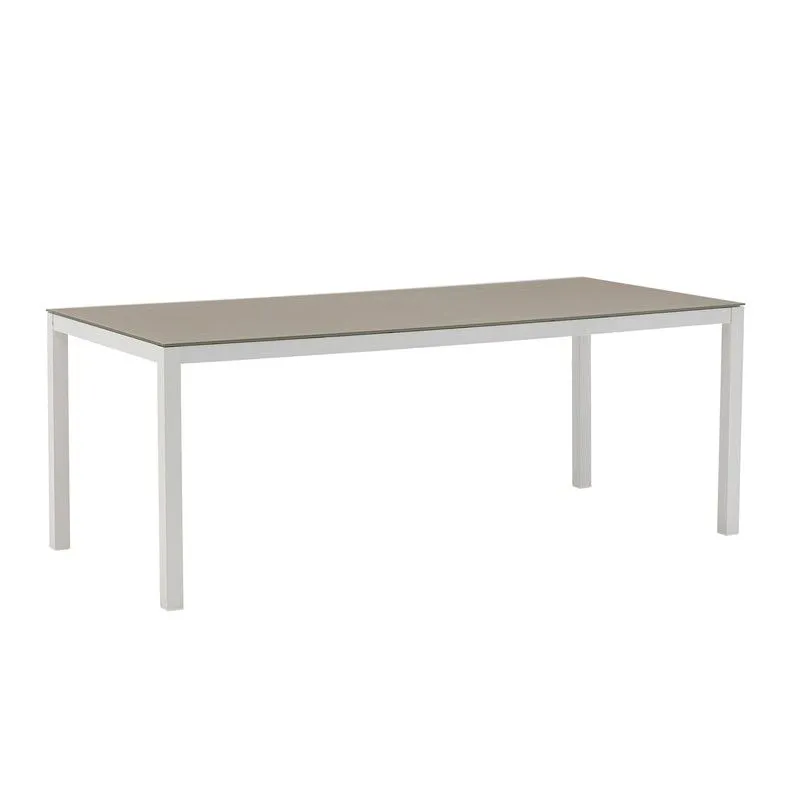 Table rectangulaire en aluminium et verre blanc et taupe, 200 x 90 x 74 cm | Adin