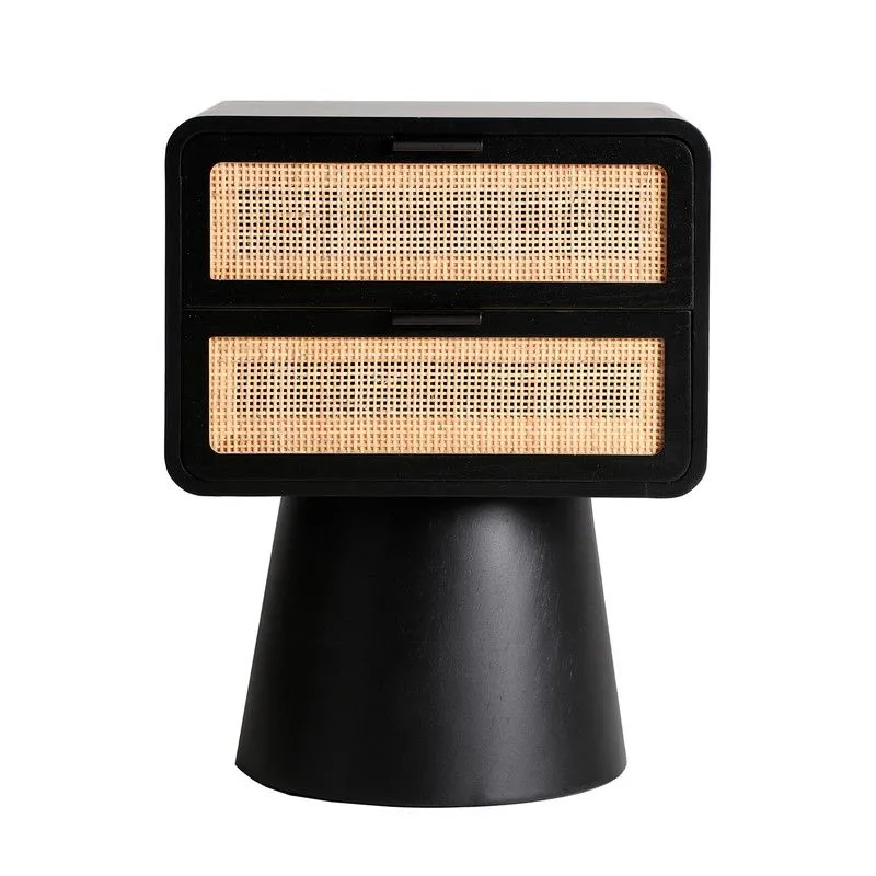 Table de chevet en pin et rotin noir et naturel, 43 x 37 x 57 cm | Beilen