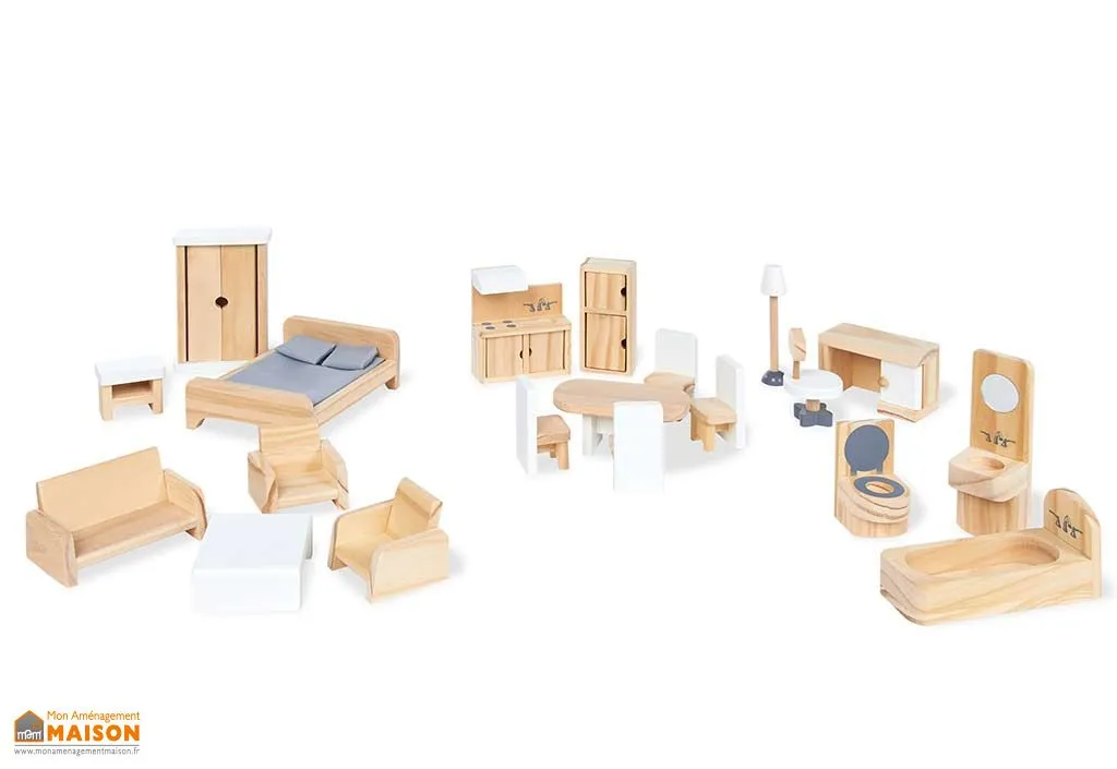 Meubles pour Maison de Poupées en Bois - Set de 20 Pièces