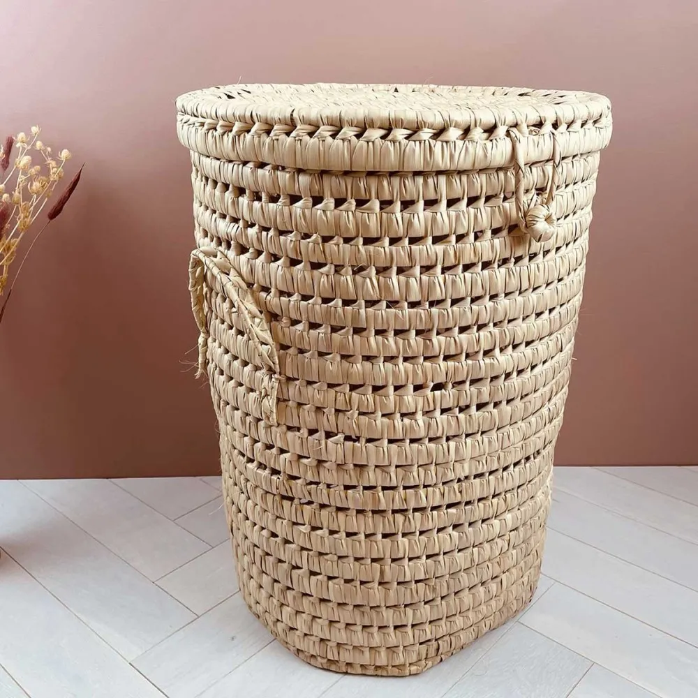 Panier de rangement ronde en fibre de palmier avec couvercle