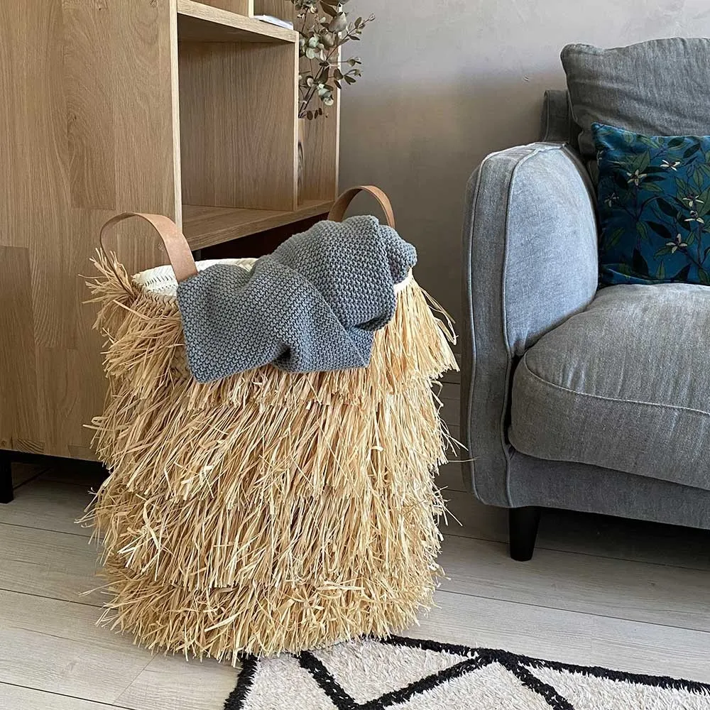 Panier XL en palmier et raphia avec franges et anses cuir H. 50 cm