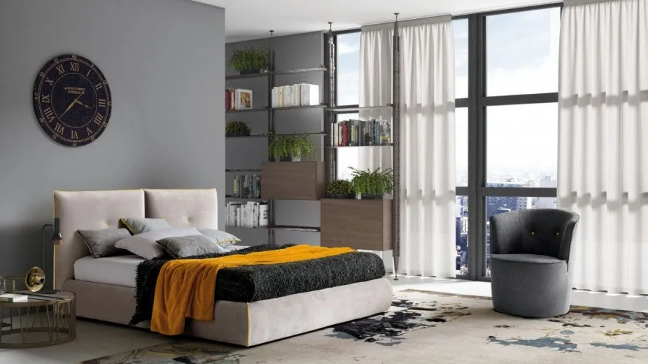 Lit avec matelas pliable et coffre de rangement, recouvert de tissu, Java Gris, 200 x 180 cm