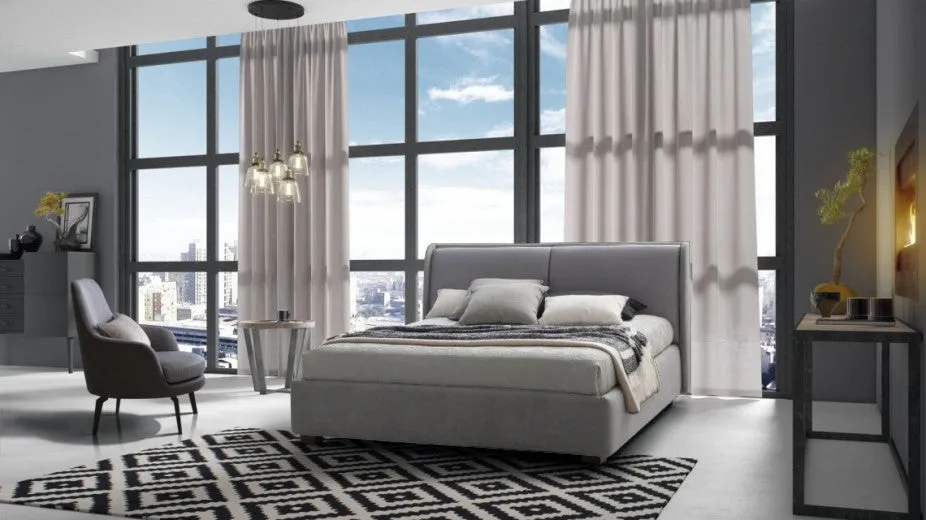 Lit avec matelas pliant et coffre de rangement, recouvert de tissu, Windsor Gris clair / Gris, 200 x 160 cm