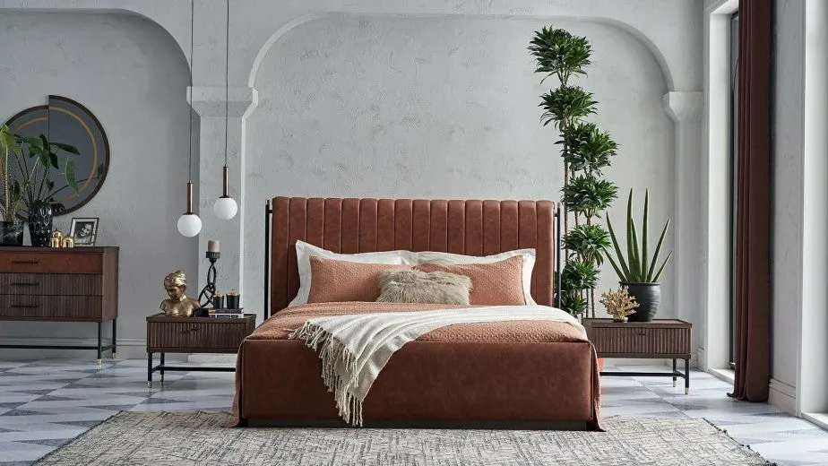 Lit rembourré en cuir écologique Matilda Caramisu-200 x 160 cm