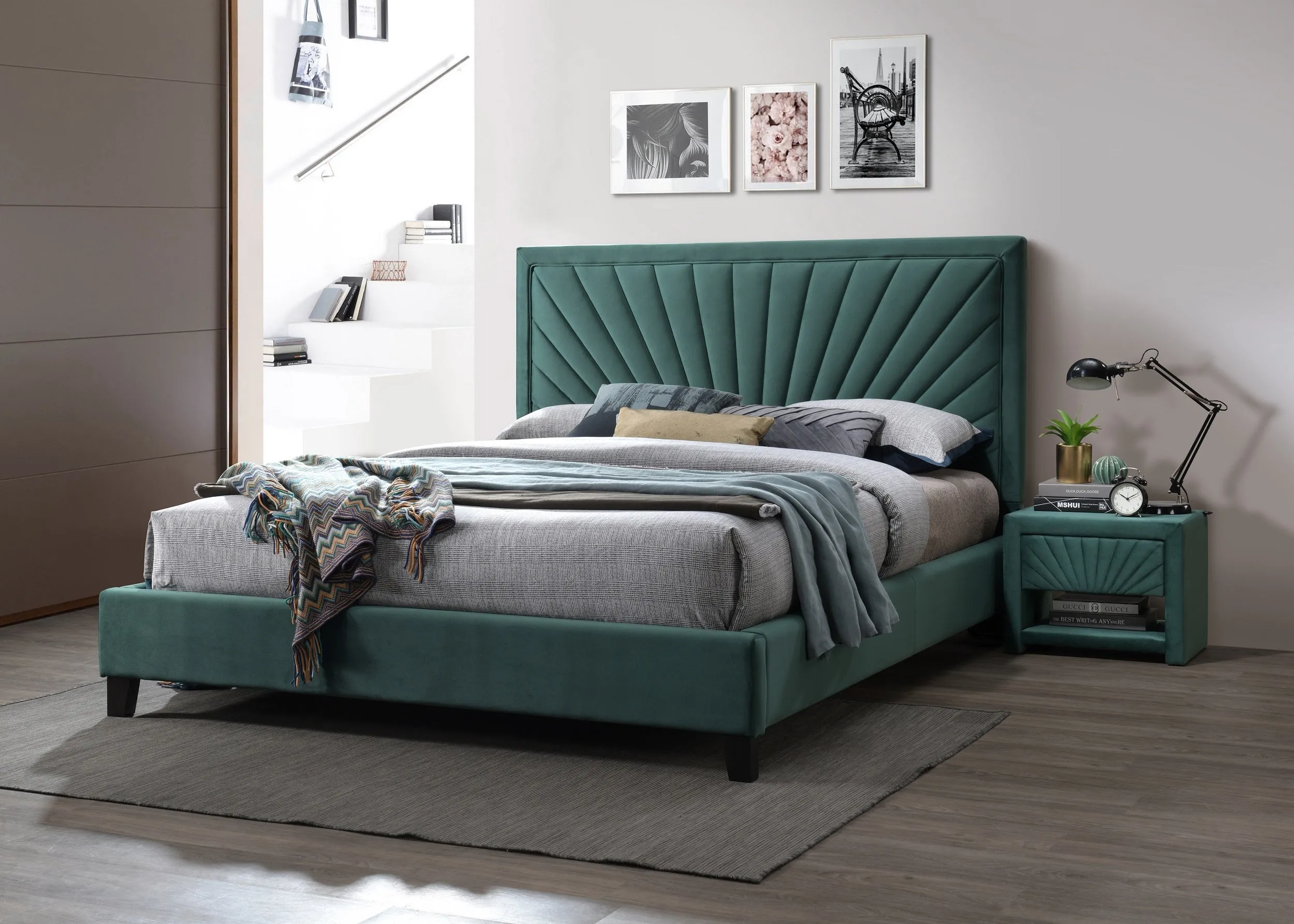 Lit tapissé de tissu Angelo, Velours Vert