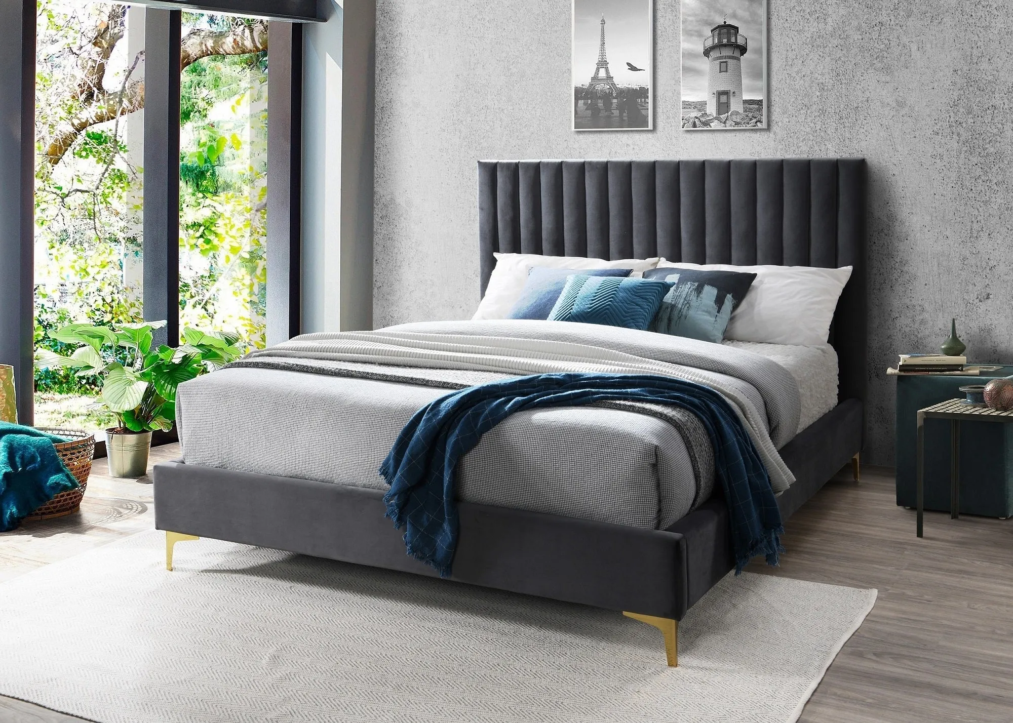 Lit capitonné avec tissu Cydney Velvet Gris