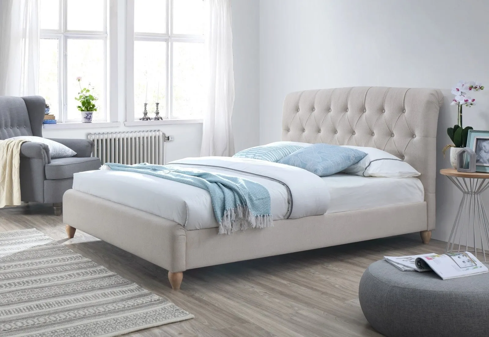 Lit rembourré en tissu, Thalia, Ivoire