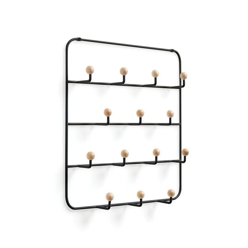 Porte-manteau mural en métal noir, 36x9x60 cm, 14 patères