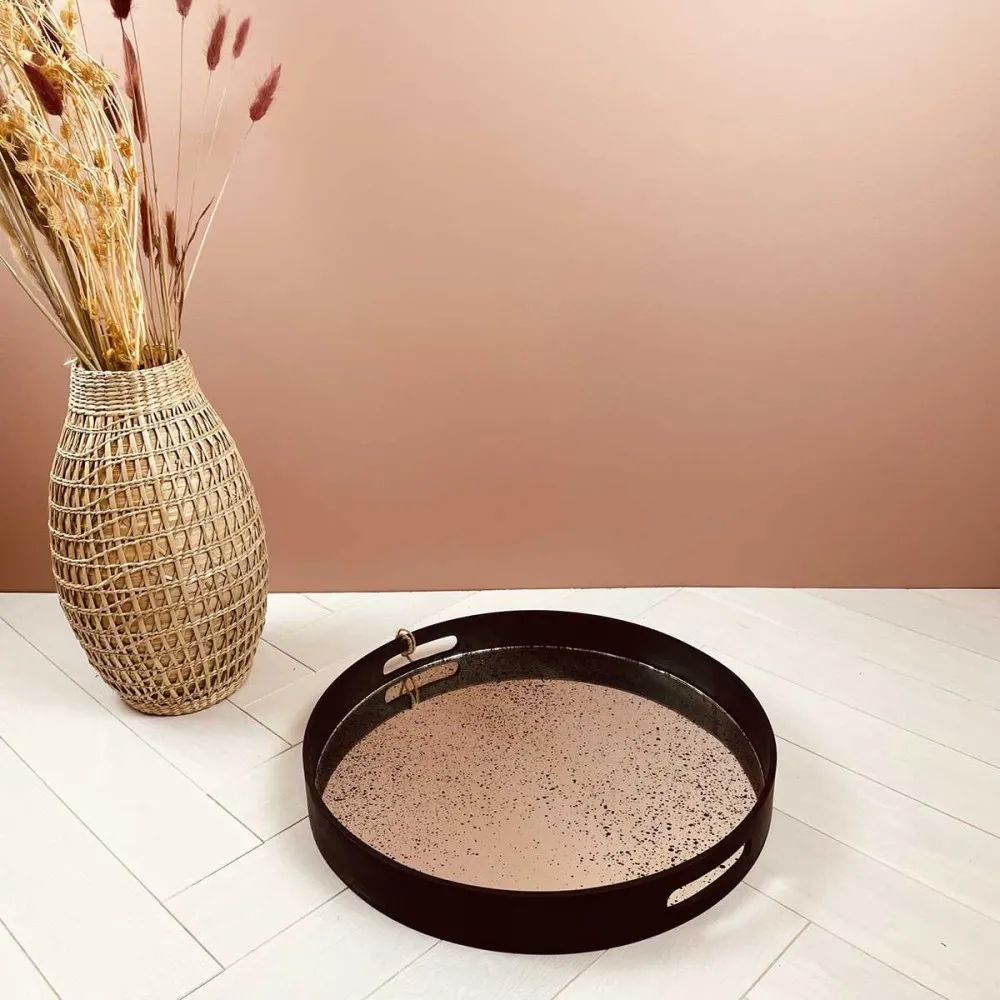 Plateau en bois noir et Verre effet tacheté noir miroir