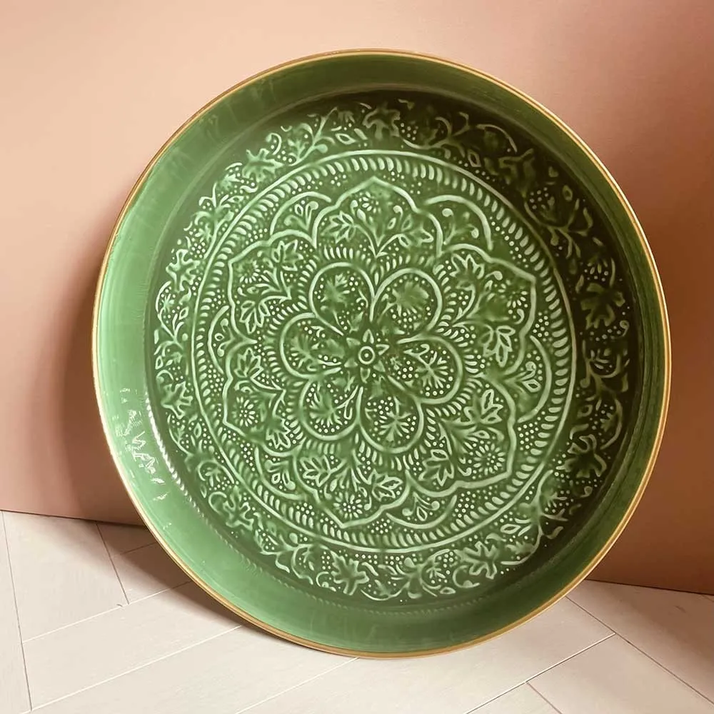 Plateau rond en métal émaillé coloris vert tamegroute D44cm