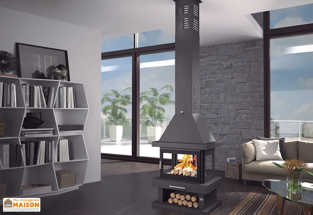 Poêle à bois central double combustion avec bûcher 10 kW – C-104