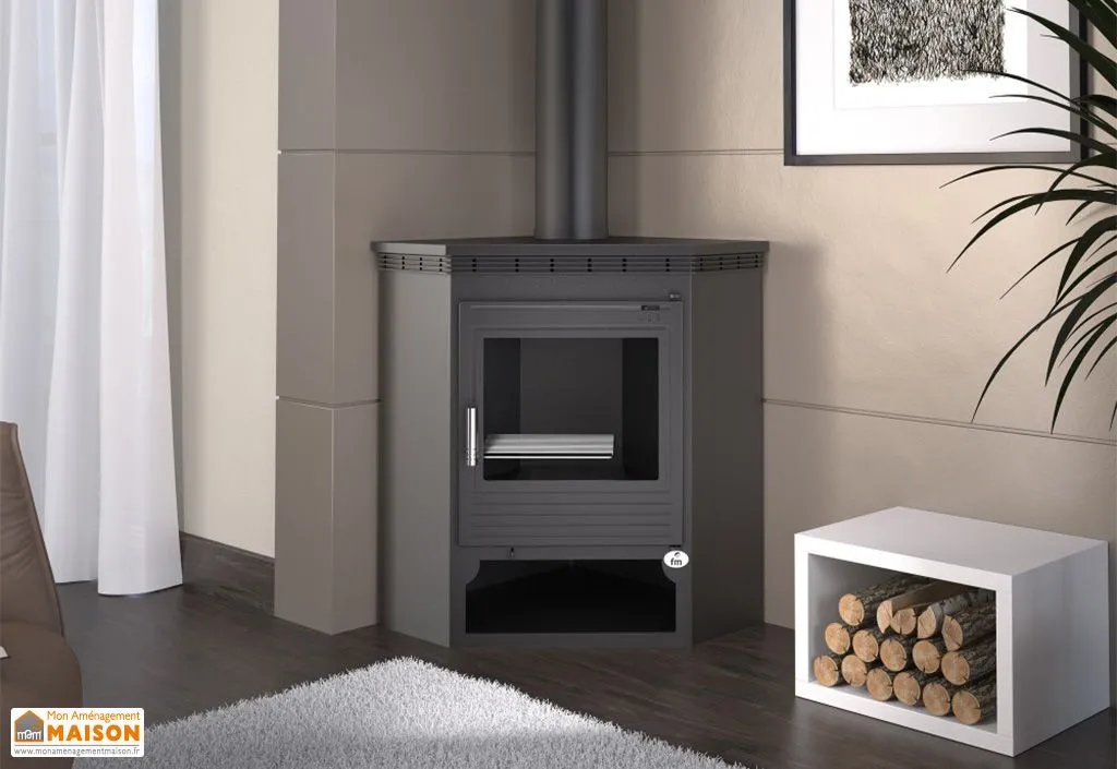 Poêle à bois d’angle double combustion avec bûcher intégré 11 kW – M-105
