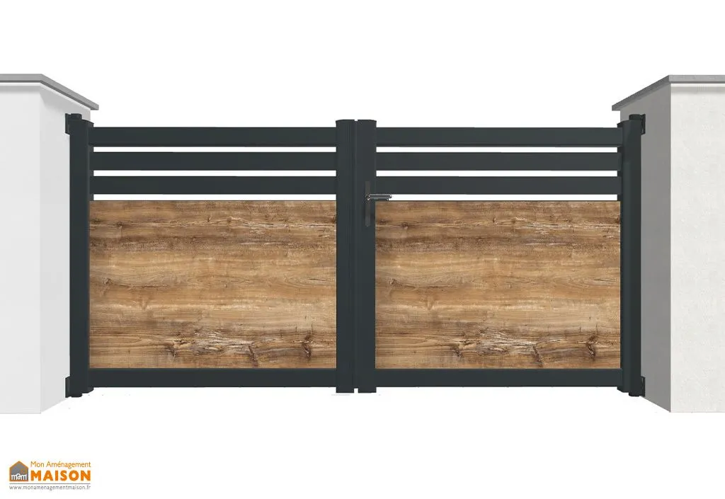 Portail battant aluminium et HPL 4 m motorisé – semi ajouré