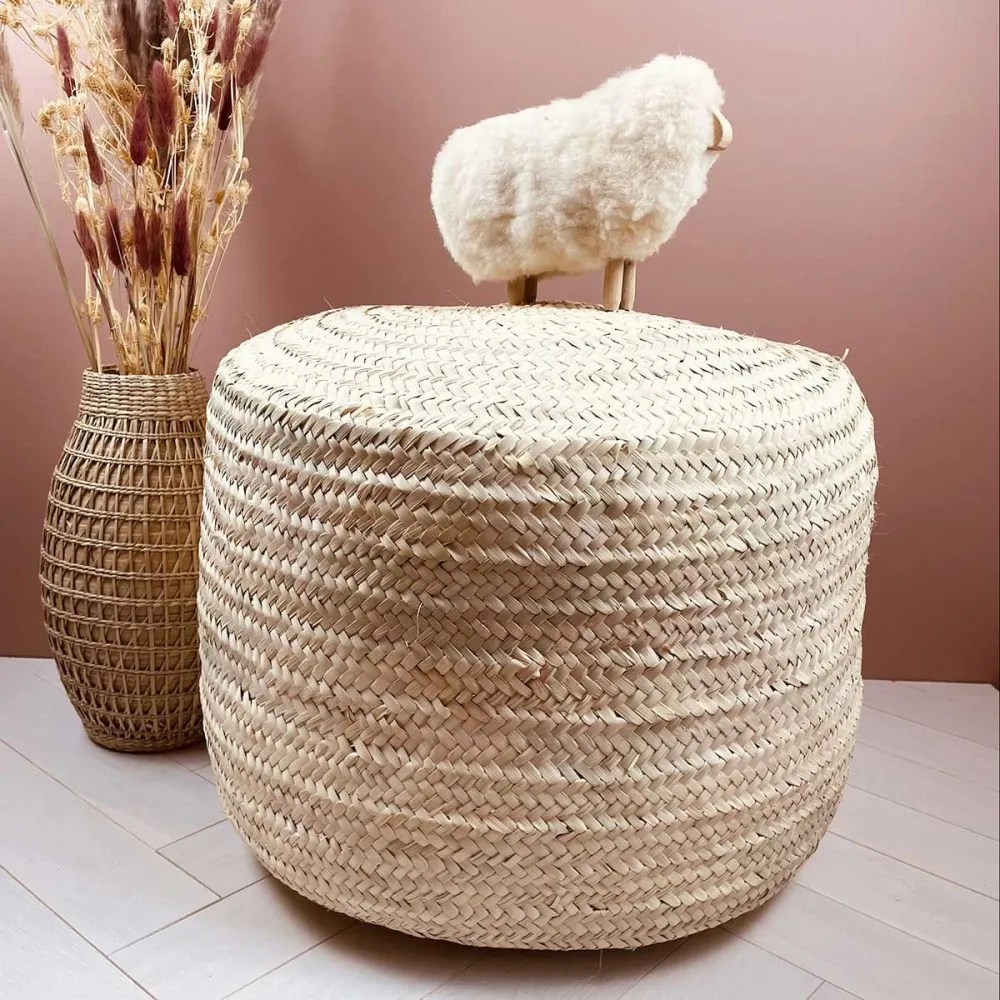 Pouf en palmier tressé garni D50cm
