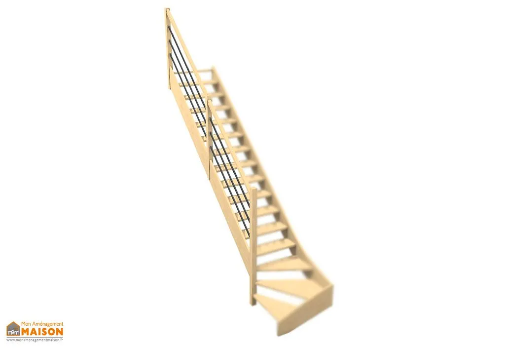 Rampe 3 lisses pour escalier quart tournant bas bois 288 cm Oléa